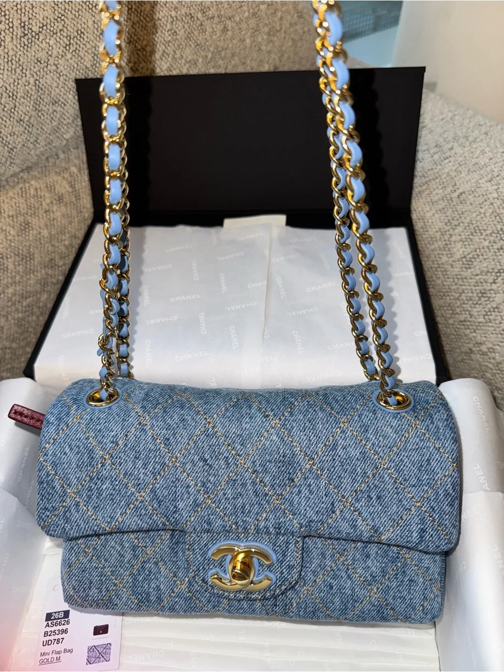 CHANEL 26B BLUE DENIM MINI FLAP BAG